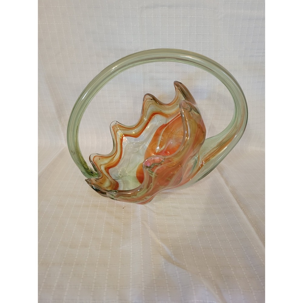 Vintage Hand Blown Art Glass Basket Orange Green Swirl Ruffled Edge Centerpiece